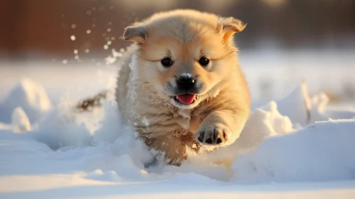 Playful Golden Retriever Puppy Running in Snow