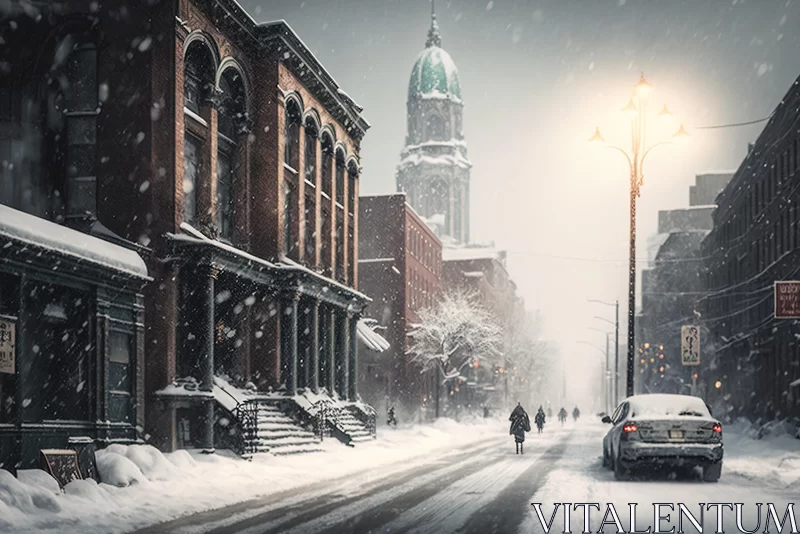 Snow-Covered Street in a Dreamy Cityscape AI Image