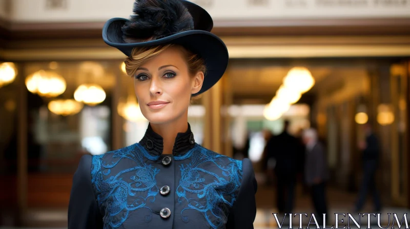 Stylish Woman Portrait with Black Top Hat and Blue Embroidered Jacket AI Image