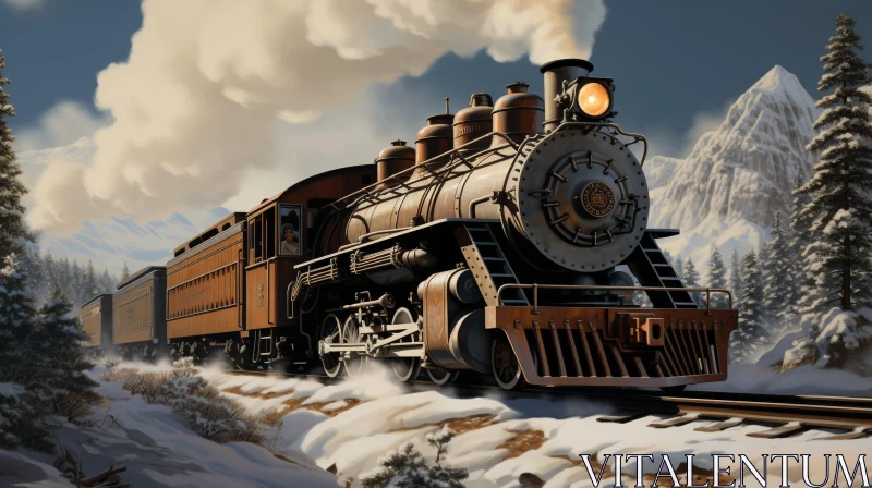 Vintage Steam Locomotive in Snowy Mountain Pass AI Image
