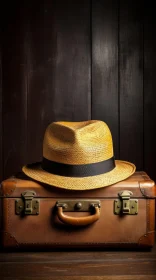 Vintage Style Still Life: Straw Hat on Vintage Suitcase