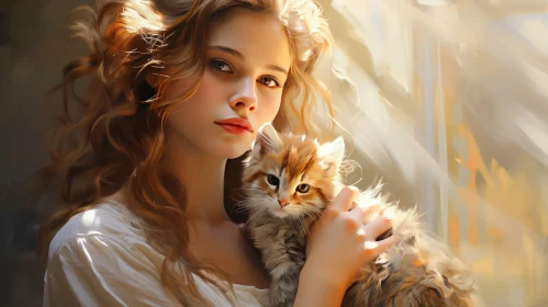Young Woman with Kitten in Natural Light