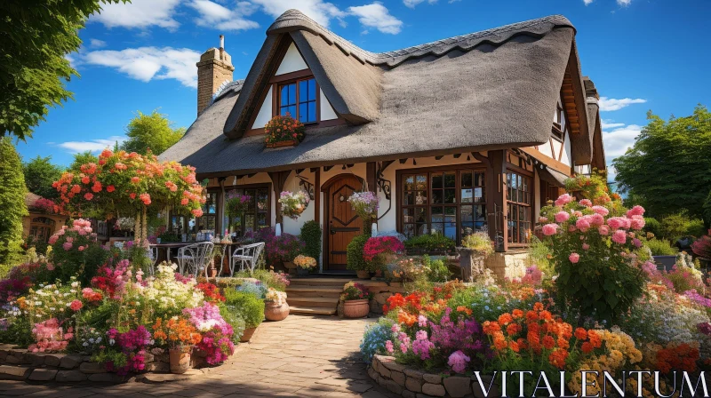 AI ART Charming Thatched Roof Cottage Surrounded by Colorful Garden