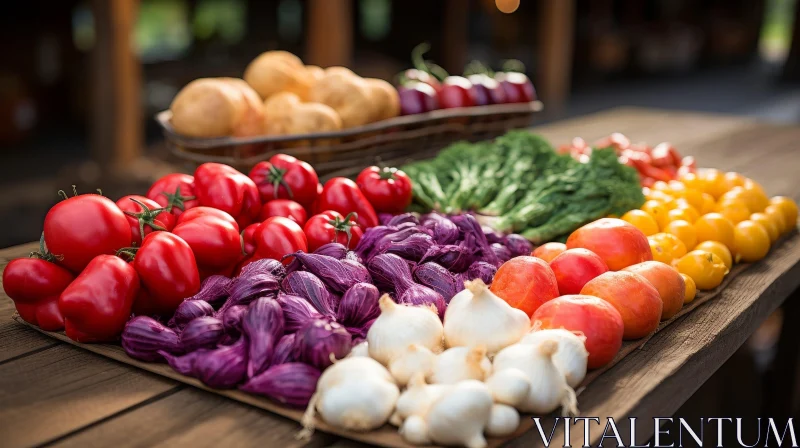 Colorful Freshly Harvested Vegetables Displayed on Wooden Table AI Image