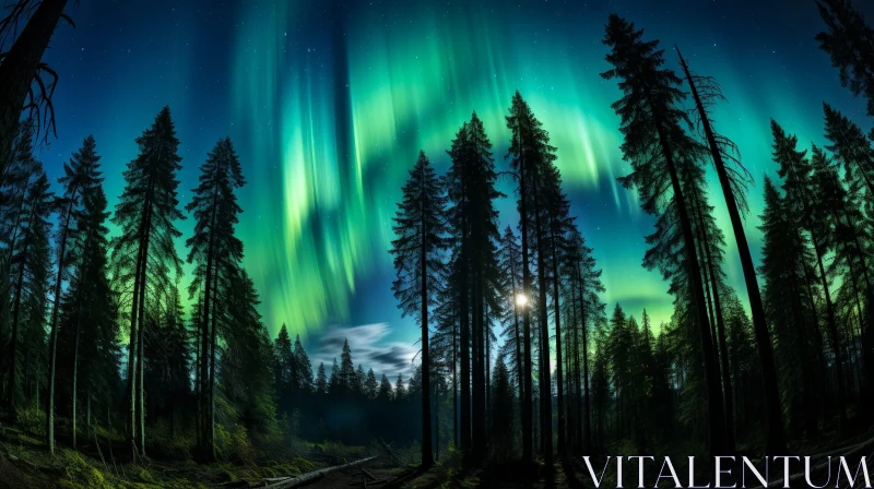 Enchanting Night Forest with Aurora Borealis and Starry Sky AI Image