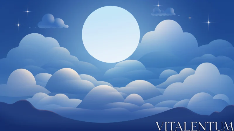 Night Cartoon Landscape with Moon and Clouds AI Image