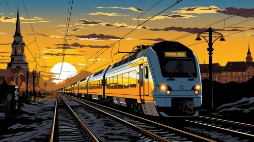 Passenger Train Journey Through Rural Sunset Landscape