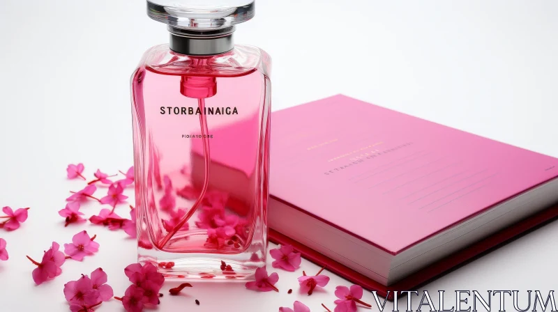AI ART Pink Glass Perfume Bottle with Flowers and Notebook