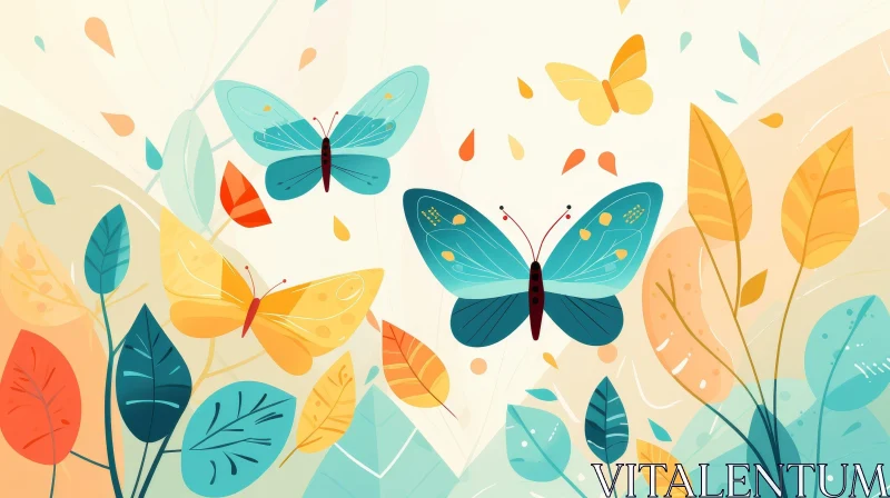 Whimsical Butterfly and Leaves Illustration AI Image