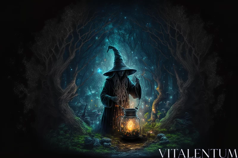 Wizard in Forest Illustration | Mysterious Night | Highly Detailed Artwork AI Image