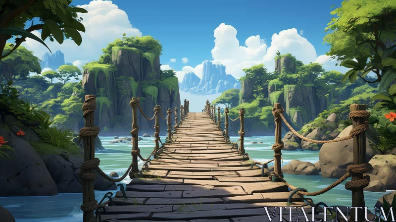 Wooden Bridge Over River in Jungle Painting AI Image