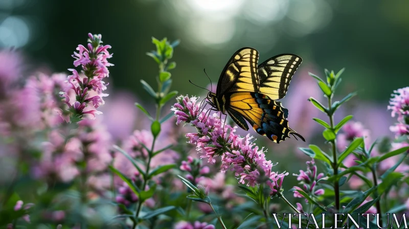 AI ART Yellow Butterfly on Pink Flower - Nature Photography