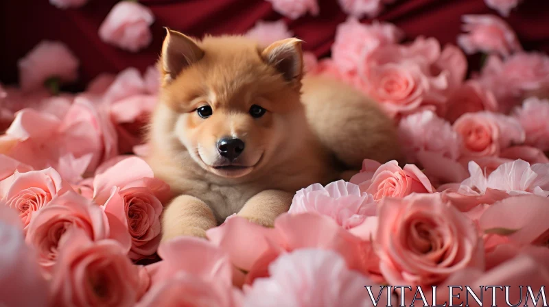 Adorable Shiba Inu Puppy Surrounded by Pink Roses AI Image