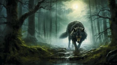 Black Wolf in Dark Forest Digital Painting