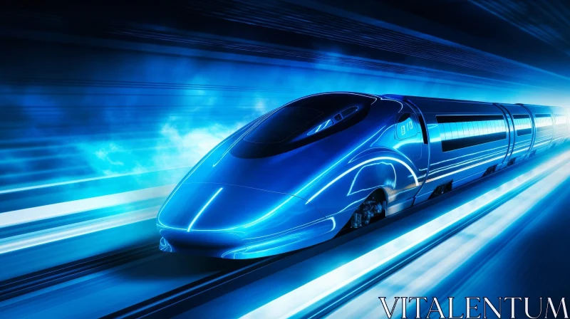 Blue High-Speed Train in Futuristic Tunnel AI Image