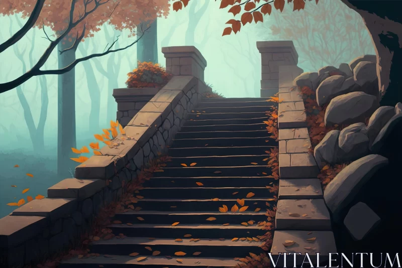 Captivating Stone Stairways in Autumn Forest | Graphic Novel Inspired Art AI Image