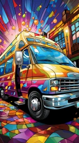 Colorful Cartoon Van in City Street - Artistic Illustration