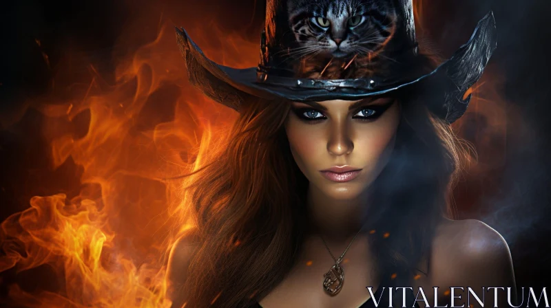 Intense Portrait of a Woman with Cat Cowboy Hat in Fiery Background AI Image