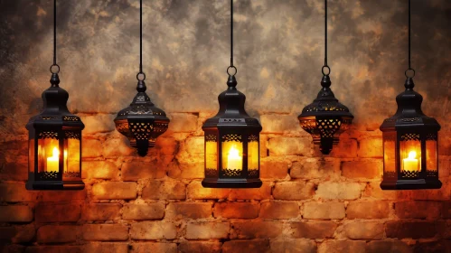 Intricate Moroccan Lanterns on Brick Wall
