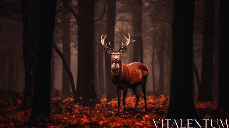 Majestic Red Deer in Dark Forest AI Image