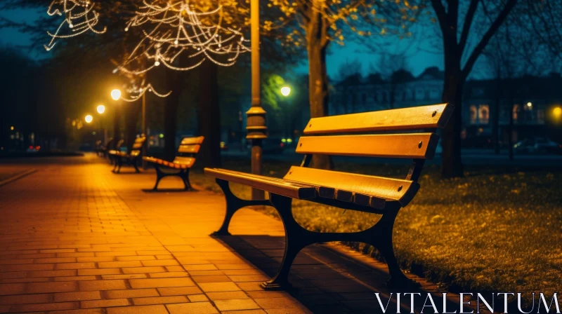 Night Park Scene with Bench and Streetlights AI Image