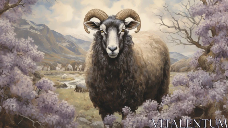Ram in Heather Field Painting - Scottish Highlands Scene AI Image
