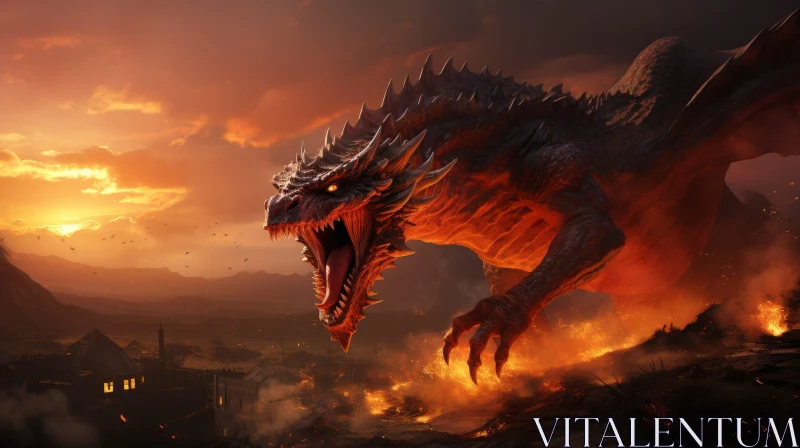 Red Dragon Digital Painting on Rocky Cliff with Burning Village AI Image