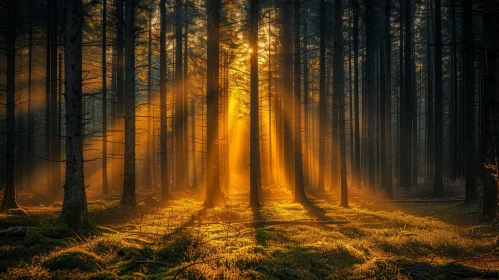 Serene Misty Forest with Sunlight and Tall Trees