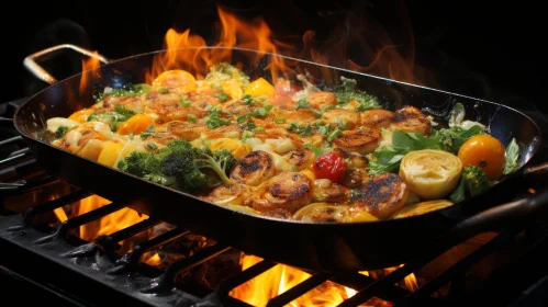 Sizzling Vegetable and Seafood Pan Over Open Fire