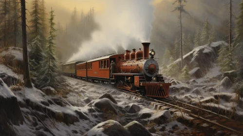 Snowy Forest Steam Locomotive Painting