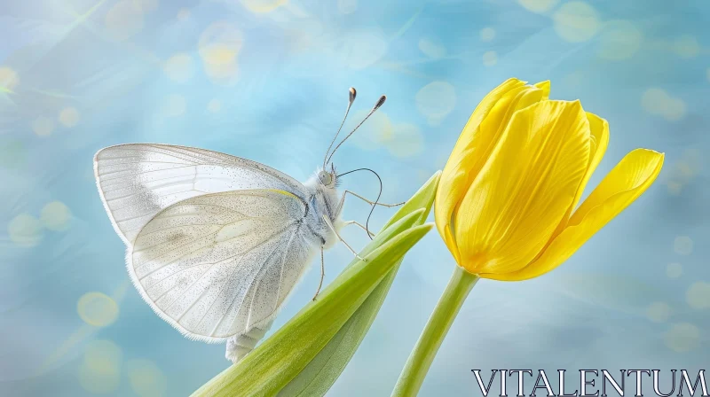 AI ART White Butterfly on Yellow Tulip - Delicate Nature Scene