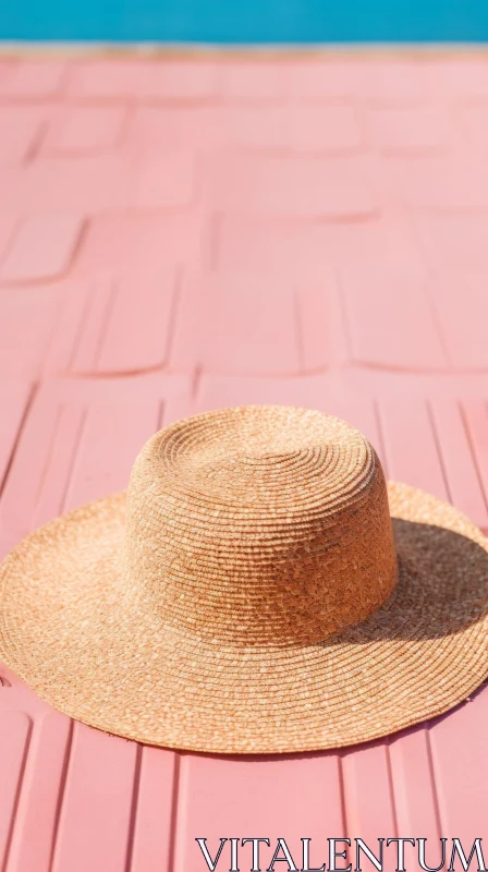 AI ART Brown Straw Hat on Pink Concrete Slab - Fashion Background