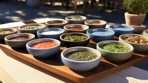 Colorful Ceramic Bowls with Sauces on Wooden Tray