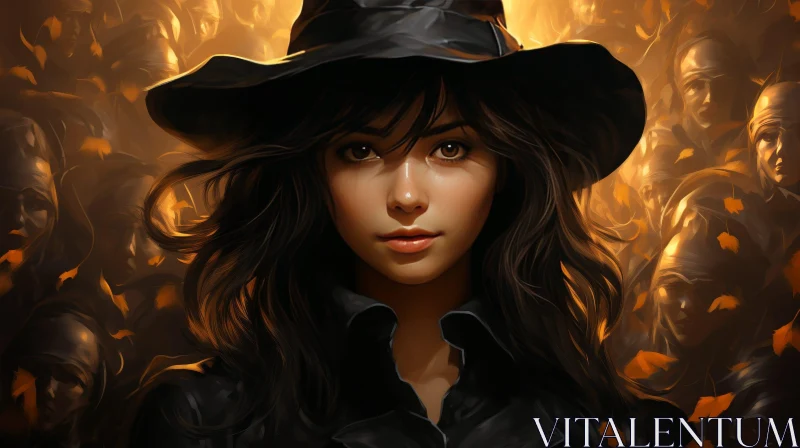 Dark-haired Woman Portrait with Black Hat AI Image