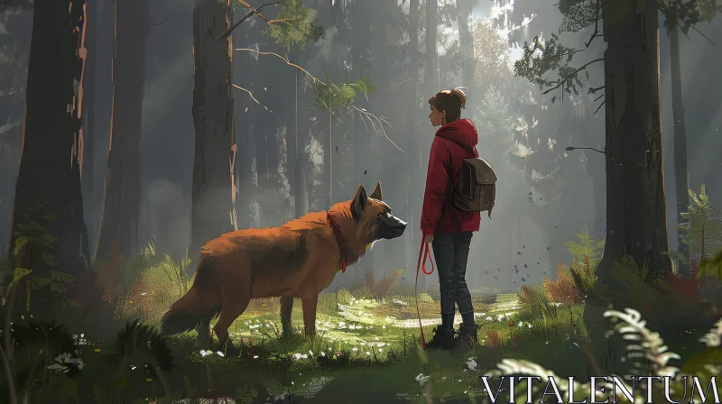 Girl and Dog in Peaceful Forest - Digital Painting AI Image