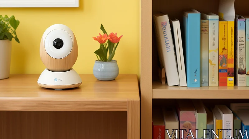 Modern Baby Monitor on Wooden Table with Orange Flowers and Books AI Image