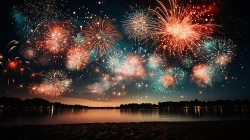 Night Landscape with Lake and Colorful Fireworks