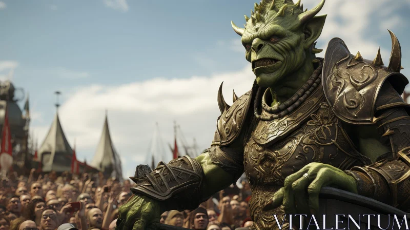 Powerful Green Orc in Golden Armor Surrounded by Humans AI Image