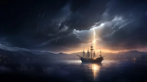 Stormy Night Ship Battling Waves