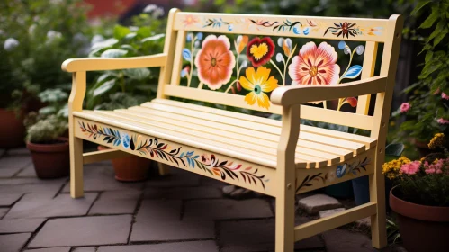 Yellow Wooden Bench with Floral Pattern in Garden