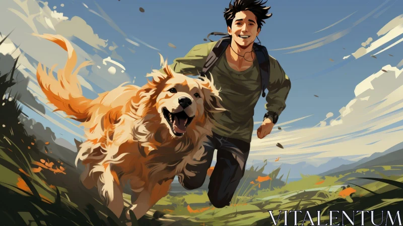 Young Man and Golden Retriever Running in Grassy Field AI Image