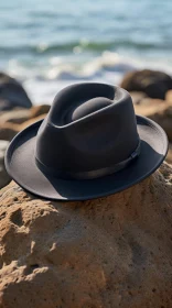Black Fedora Hat on Beach Rock
