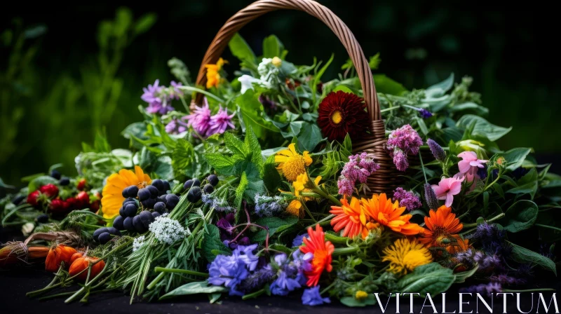Colorful Flower and Herb Still Life in Wicker Basket AI Image