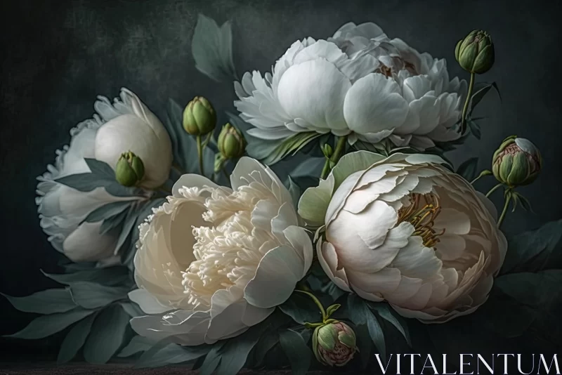 Delicate White Peonies on Black Table - Fantasy Inspired Art AI Image
