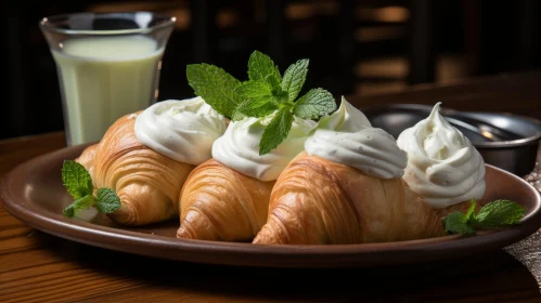 Delicious Croissants with Cream and Mint on Plate
