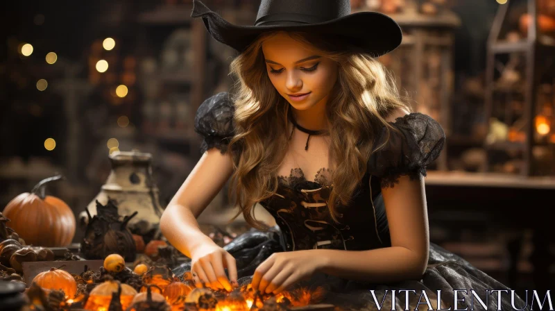 Enchanting Witch in Dark Room with Skull and Candles AI Image