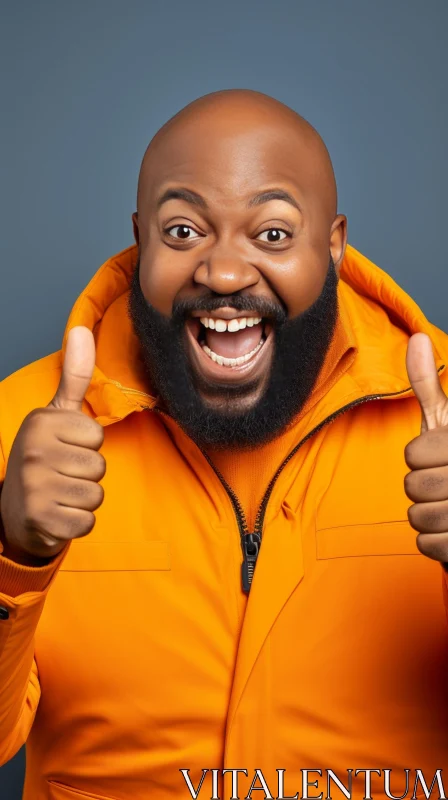 Expressive Man in Orange Jacket Giving Thumbs Up AI Image