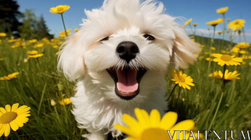 Happy White Fluffy Dog in Field of Yellow Flowers AI Image