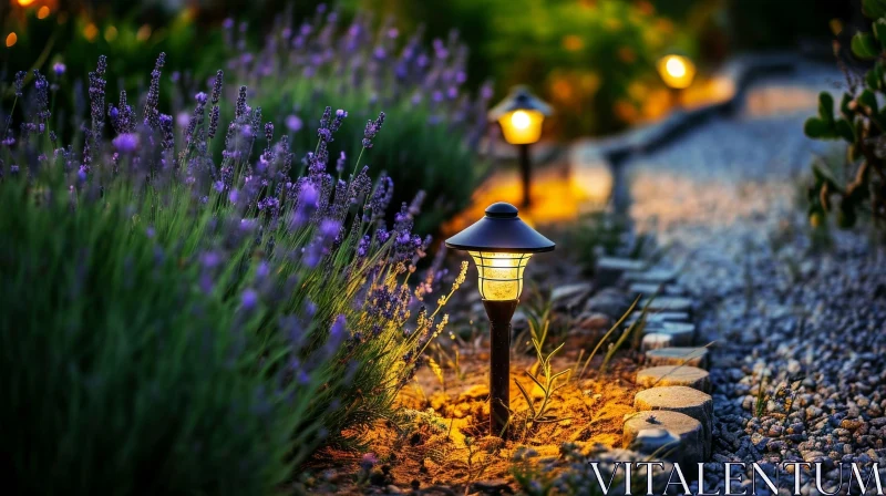 Night Garden Path with Lavender Flowers AI Image