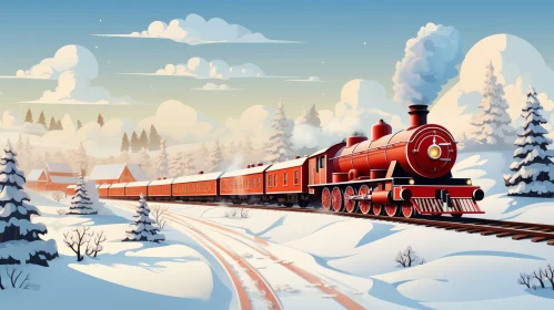 Red Steam Locomotive in Snowy Forest - Winter Train Journey